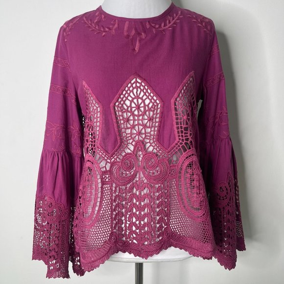 NWT Anthropologie by Chloe Oliver Women's Purple Bell-Sleeve Lace Blouse Size XS - Picture 3 of 12